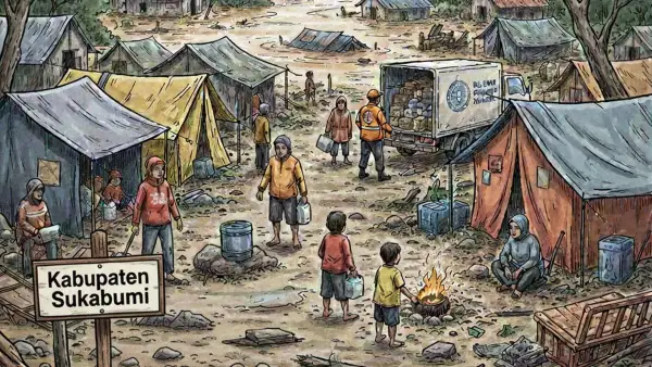 Ilustrasi pemukiman warga Sukabumi yang terdampak bencana. (Sumber: Ilustrasi AI)