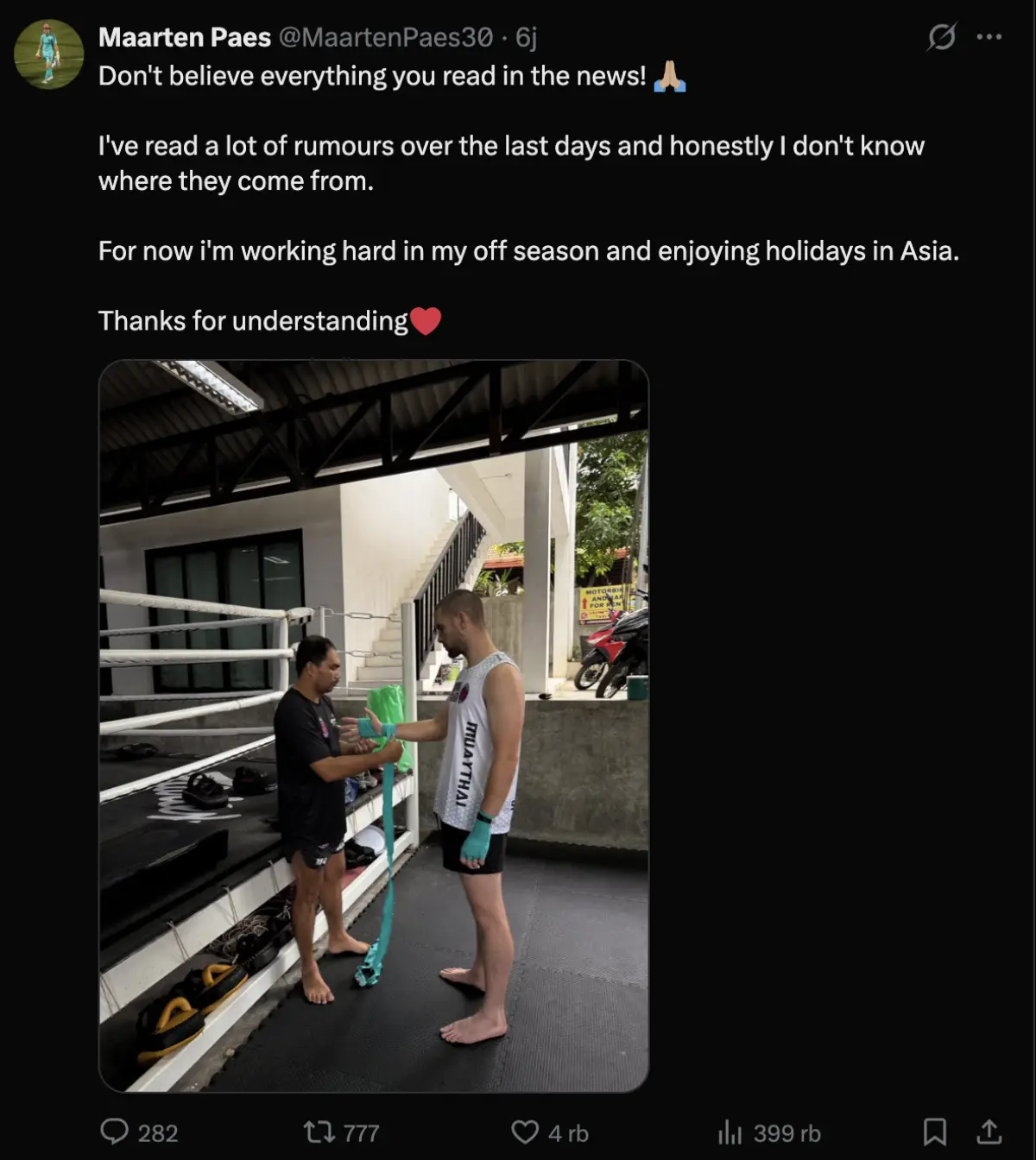 Unggahan cuitan Maarten Paes di aplikasi X yang mengklarifikasi mengenai kabar tentang dirinya yang akan bergabung dengan Persib