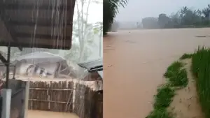 Kampung Cipeusing (kiri) dan Sungai Cimerang (kanan) yang meluap di Desa Cimerang, Kecamatan Purabaya, Kabupaten Sukabumi. (Sumber : Istimewa.).