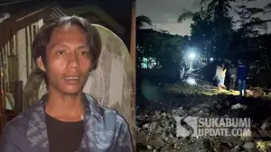 Kiki Nurpalah dan kondisi Kampung Cipeusing, Desa Cimerang,Kecamatan Purabaya, Kabupaten Sukabumi, setelah dihantam banjir bandang Sungai Cimerang. (Sumber : SU/Turangga Anom).