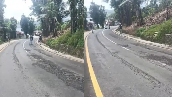 Kondisi Jalan Provinsi di ruas Jampangtengah-Kiaradua, Sukabumi yang rusak setlah terendam banjir. (Sumber: Video tangkapan layar warga)