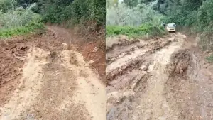 Kondisi jalan Kabupaten di Desa Sukajaya, Kecamatan Pabuaran yang mengalami kerusakan parah. (Sumber: Video tangkapan layar warga)