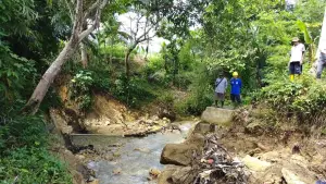 Kondisi bendungan yang jebol usai tergerus banjir hingga mengancam 25 Ha sawah di Jampangtengah gagal panen. (Sumber: Istimewa)