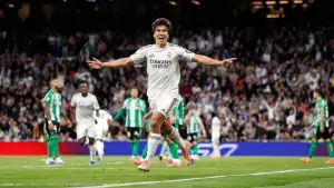 Selebrasi Gonzalo Garcia setelah mencetak hattrick ke gawang Real Betis (Sumber: Web/realmadrid.com)