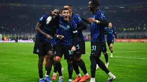 Selebrasi para pemain Inter setelah Marcus Thuram mencetak gol kedua Inter atas Bologna. (Sumber: web/inter.it)