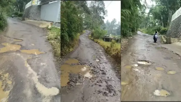 Kondisi jalan rusak ruas Cipetir - Yaspida di Kadudampit, Kabupaten Sukabumi | Foto : Capture video @Deasy Amalia