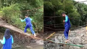 Pelajar meniti papan miring di sisa Jembatan Nangerang, Kecamatan Nyalindung, Kabupaten Sukabumi, yang rusak parah usai diterjang banjir bandang. (Sumber Foto: Tangkapan layar video)