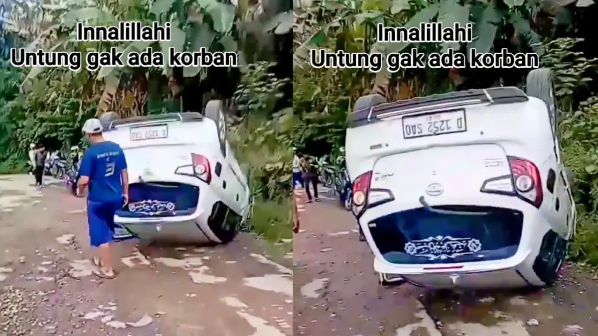 Mati Mesin dan Hilang Kendali di Jalan Rusak, Mobil Ayla Terbalik di Tanjakan Cipetir Kadudampit