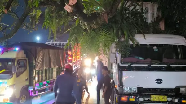 Penampakan pohon tumbang timpa truk kontainer di Cicurug, Kabupaten Sukabumi | Foto : Damkar