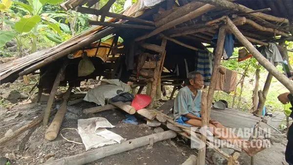 Kakek Uloh (70), tinggal sebatang kara di sebuah gubuk reyot di tengah kebun dan hutan, di Kampung Babakan Cisarua, Desa Cidadap, Kecamatan Simpenan, Kabupaten Sukabumi. (Sumber : SU/Ilyas).
