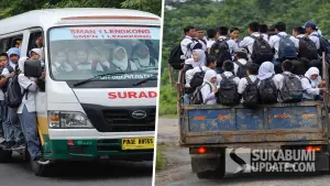 Ilustrasi pelajar di Lengkong Kabupaten Sukabumi naik elf dan truk untuk berangkat sekolah | Foto : ChatGPT