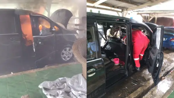 Mobil Nissan Serena terbakar saat parkir di Parungkuda Sukabumi | Foto : Dok. warga