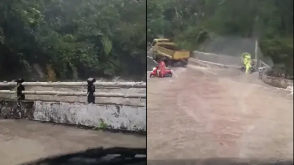 Kondisi Jalan Provinsi Cidolog–Tegalbuleud Sukabumi yang Terendam Air Akibat Luapan Sungai Cibeureum. (Sumber : Istimewa.).