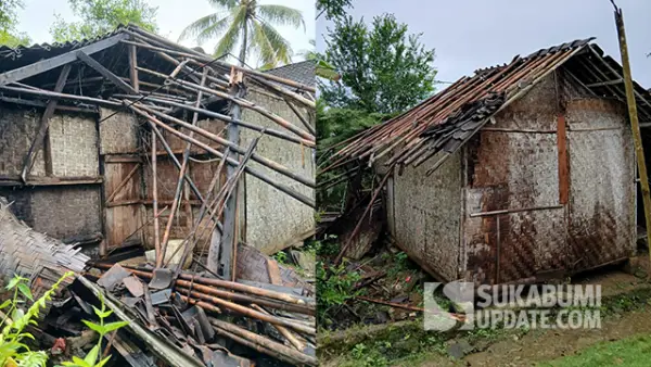 Kondisi rumah Emak Marsinah (70 tahun), warga Kampung Cibuluh RT 02/07, Desa Cikangkung, Kecamatan Ciracap, Kabupaten Sukabumi, ambruk pada Sabtu dini hari (10/1/2026). (Sumber : SU/Ragil Gilang).