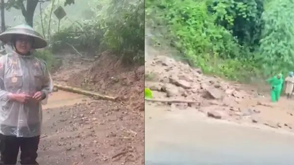 Longsor terjadi di ruas Jalan Nasional Bagbagan–Kiaradua tepatnya di Desa Loji, Kecamatan Simpenan, Kabupaten Sukabumi. (Sumber : Istimewa.).