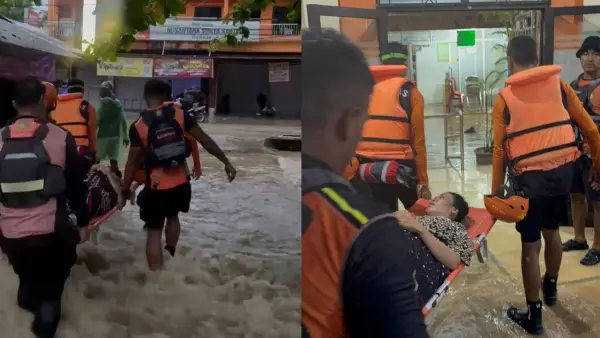 Proses evakuasi pasien Puskesmas Palabuhanratu, Sukabumi yang terendam banjir oleh Tim Sar dan BPBD. Senin (12/1/2026). (Sumber : Istimewa)