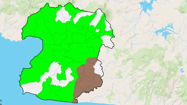 Potensi Banjir Kecamatan Kota/Kabupaten Sukabumi Dasarian II 2026. (Sumber : BMKG).