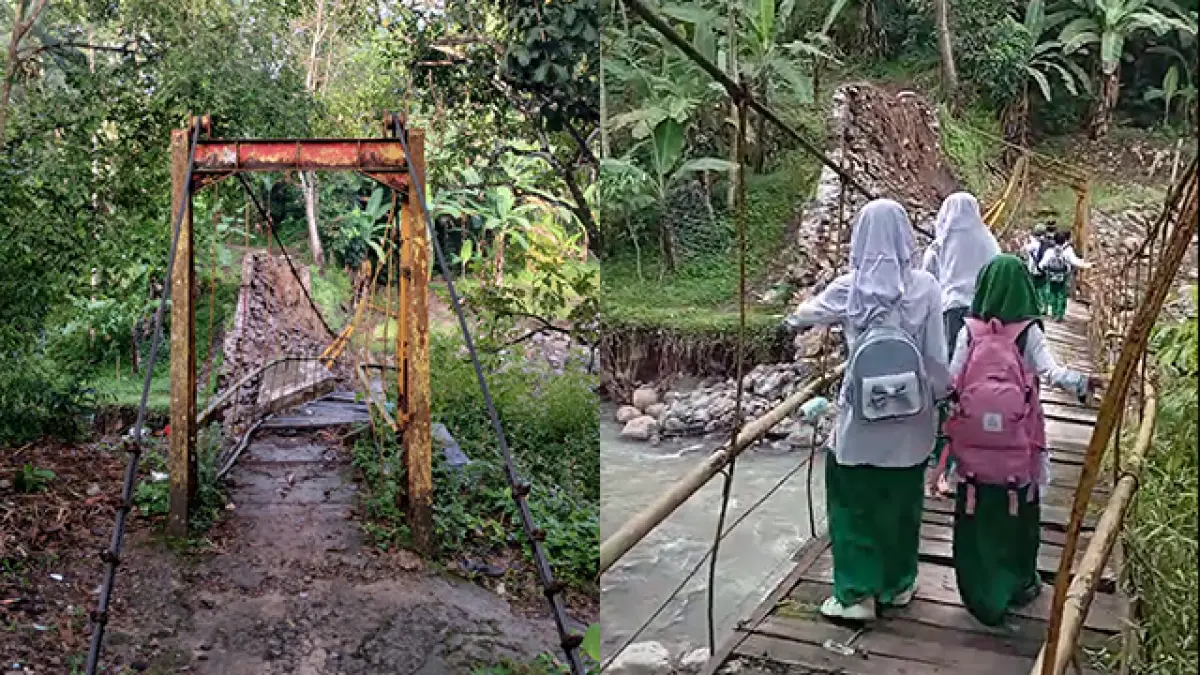 Jembatan di Cisolok Putus Diterjang Cuaca Ekstrem, Anak Sekolah Terpaksa Meniti Bahaya