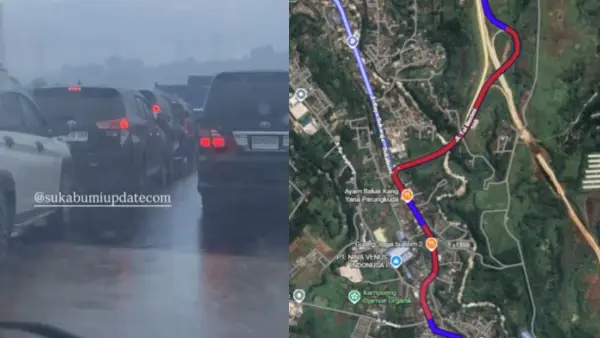 Padat Merayap, antrean kendaraan menuju sukabumi, Long Weekend Isra Miraj 2026 (Sumber: warganet google maps)