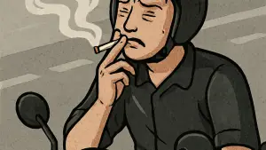 ilustrasi merokok sambil mengendara (Sumber: edit by copilot)