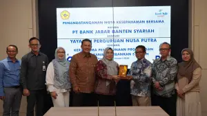 Yayasan Perguruan Nusa Putra Sukabumi kerja sama dengan bank bjb syariah penandatanganan PKS berlangsung di Kantor bank bjb syariah Bandung, Selasa (6/1/2026) | Foto : Dok Nusa Putra
