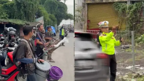Musisi jalanan hibur pengendara dan petugas kepolisian saat perberlakuan one way di jalan nasional sukabumi - bogor (Sumber: dok warga)