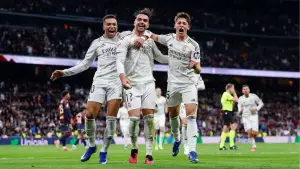 Selebrari Raul Asencio setelah mencetak gol ke gawang Levante di ajang La Liga (Sumber: web/realmadrid.com)