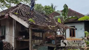 Kondisi rumah janda yang tertimpa pohon waru akibat hujan disertai angin kencang di Waluran, Kabupaten Sukabumi. Selasa (20/1/2026). (Sumber: Istimewa)