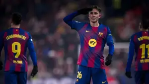 Selebrasi Fermin Lopez setelah mencetak gol ke gawang Slavia Praha. (Sumber: web/fcbarcelona.com)