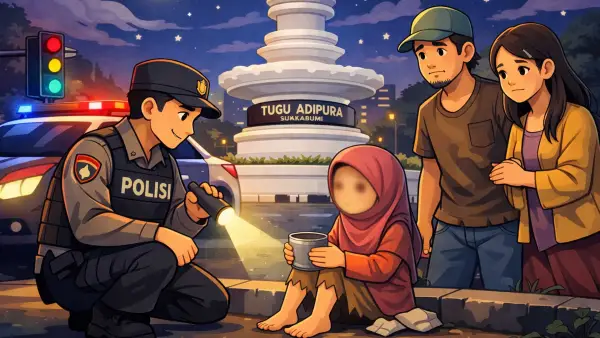 Ilustrasi bocah perempuan yang mengemis hingga larut malam di kawasan Tugu Adipura Kota Sukabumi. Polisi turun tangan menindaklanjuti laporan warga demi perlindungan anak. (Sumber Foto: AI)