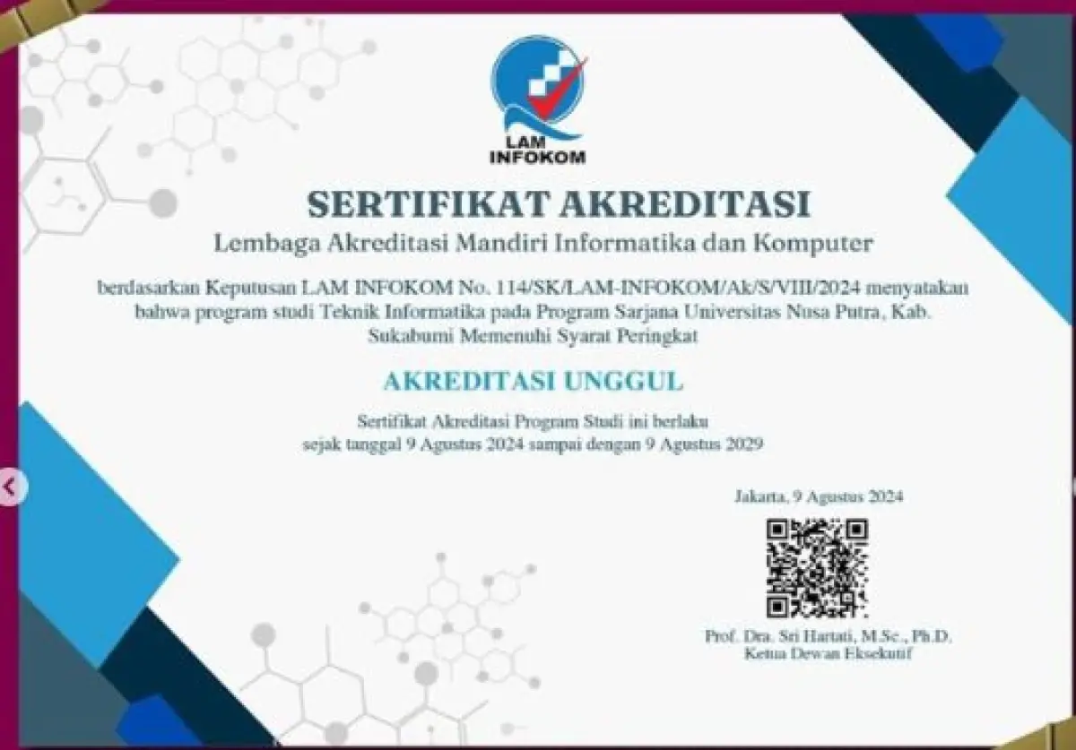 Sertifikat akreditasi &ldquo;Unggul&rdquo; dari BAN-PT untuk Prodi S1 Teknik Informatika Nusa Putra University.
