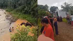 Mobil pick up yang terjun ke Sungai Ciseureuh, di Kecamatan Cimanggu, Kabupaten Sukabumi, akibat cuaca ekstrem dan jalanan licin. (Sumber : Istimewa.).
