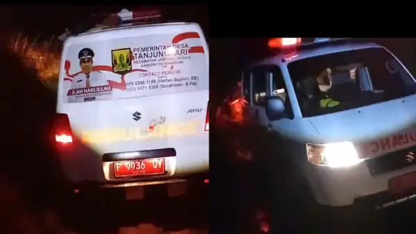 Ambulans Desa bawa pasien darurat yang terjebak jalan berlumpur di Jampangtengah, Kabupaten Sukabumi. (Sumber: Istimewa)