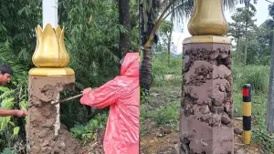 Kondisi keropos pada coran tiang PJU KDM yang dibongkar di Ruas Jampangtengah-Kiaradua, Sukabumi. (Sumber: Istimewa)