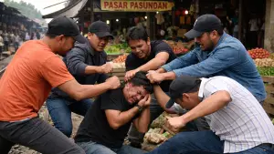 Ilustrasi seorang pria jadi korban pemukulan oleh OTK di Pasar Pasundan, Kota Sukabumi. (Sumber: Ilustrasi AI)