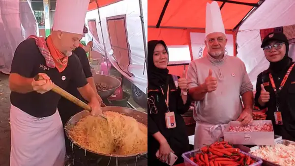 Sosok David Cailleba, juru masak asal Prancis yang jadi sukarelawan di dapur darurat bencana longsor Cisarua Bandung Barat. (Sumber Foto: Istimewa)