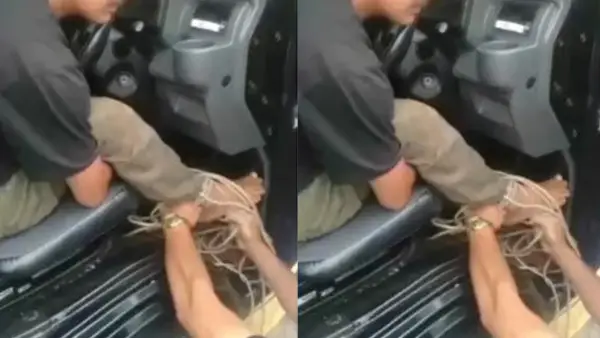 Tangkapan layar video pria diikat di dalam mobil di Jalur Lingsel, Cisaat Sukabumi. (Sumber: Istimewa)