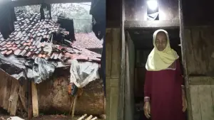 Kondisi rumah serta Nenek Sarkiah, seorang lansia sebatang kara di Purabaya Sukabumi yang tempati rumah nyaris ambruk. (Sumber: Istimewa)