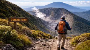 Ilustrasi seseorang sedang melakukan pendakian di Gunung Gede Pangrango. (Sumber: Ilustrasi AI)
