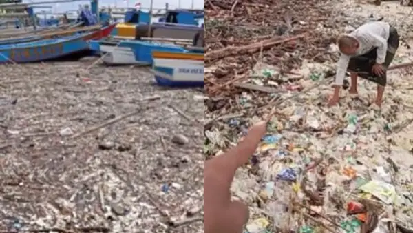 Penampakan sampah yang menutupi bibir pantai Ujunggenteng, Sukabumi usai dihantai banjir rob. (Sumber: Istimewa)