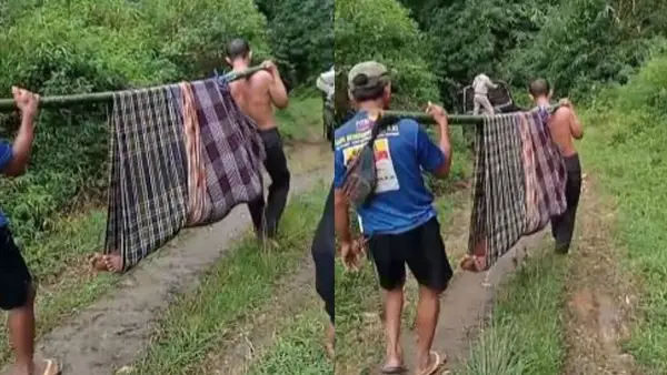 Tangkapan layar video amatir warga menandu ibu pascamelahirkan di Desa Tanjungsari, Kecamatan Jampangtengah, Kabupaten Sukabumi. (Sumber: Dok Warga)
