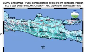 Titik lokasi gempa di laut tenggara Kota Pacitan, Jawa Timur yang dirilid BMKG. Jumat (6/2/2026). (Sumber: Istimewa)