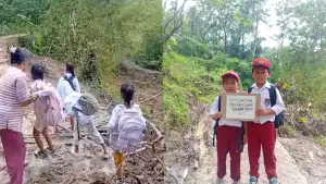 Para pelajar SDN Sukamukti Kabupaten Sukabumi saat berangkat ke sekolah melintasi jalan berlumpur | Foto : dok. warga