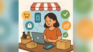 Ilustrasi AI: Pelaku UMKM yang hadir langsung difasilitasi, mulai dari pemasaran, cara membangun merek, hingga perbaikan kemasan produk. (Sumber: copilot)