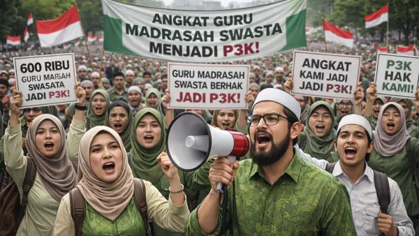 Ilustrasi aksi unnjuk rasa yang dilakukan oleh guru madrasah swasta. (Sumber: Ilustrasi AI)
