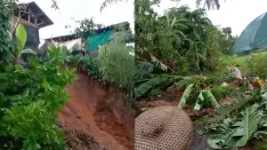 Penampakan longsor tebing 10 meter yang menutupi jalan di Jampangtengah, Sukabumi. Rabu (11/2/2026). (Sumber: Istimewa)