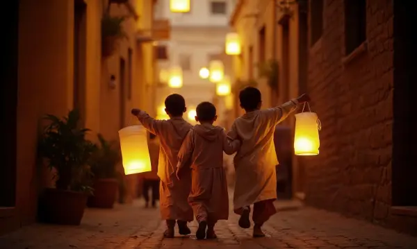 Ilustrasi tradisi Fanous, memasang lentera untuk menghiasi rumah, jalan, dan pasar (Sumber : Freepik)