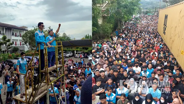 Sebanyak 2.800 pekerja yang tergabung dalam Serikat Pekerja Nasional menggelar aksi menuntut pembayaran THR satu bulan upah di depan PT Muara Tunggal, Kecamatan Cibadak. (Sumber : SU/Ibnu Sanubari).