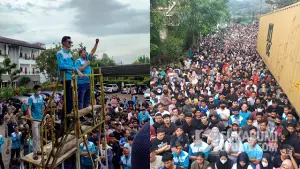 Sebanyak 2.800 pekerja yang tergabung dalam Serikat Pekerja Nasional menggelar aksi menuntut pembayaran THR satu bulan upah di depan PT Muara Tunggal, Kecamatan Cibadak. (Sumber : SU/Ibnu Sanubari).