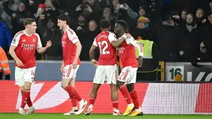 Selebrasi Bukayo Saka setelah mencetak gol ke gawang Wolverhampton (Sumber: web/arsenal.com)